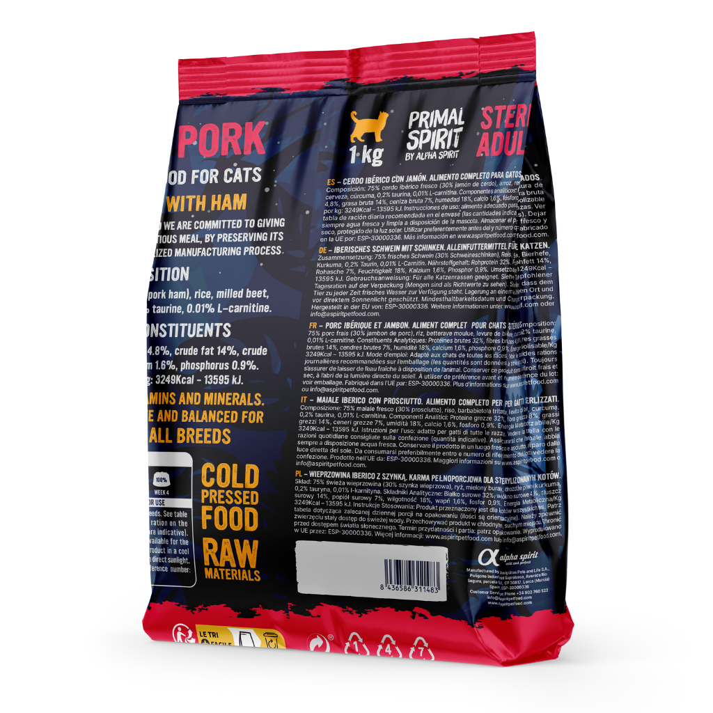 Primal Spirit Iberian Pork Complete Dry Cat Food for Sterilised Cats (1kg)