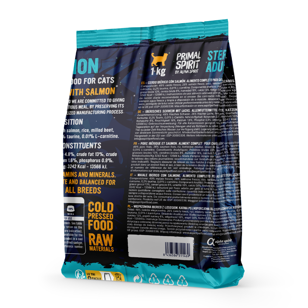 Primal Spirit Iberian Salmon Complete Dry Cat Food for Sterilised Cats (1kg)