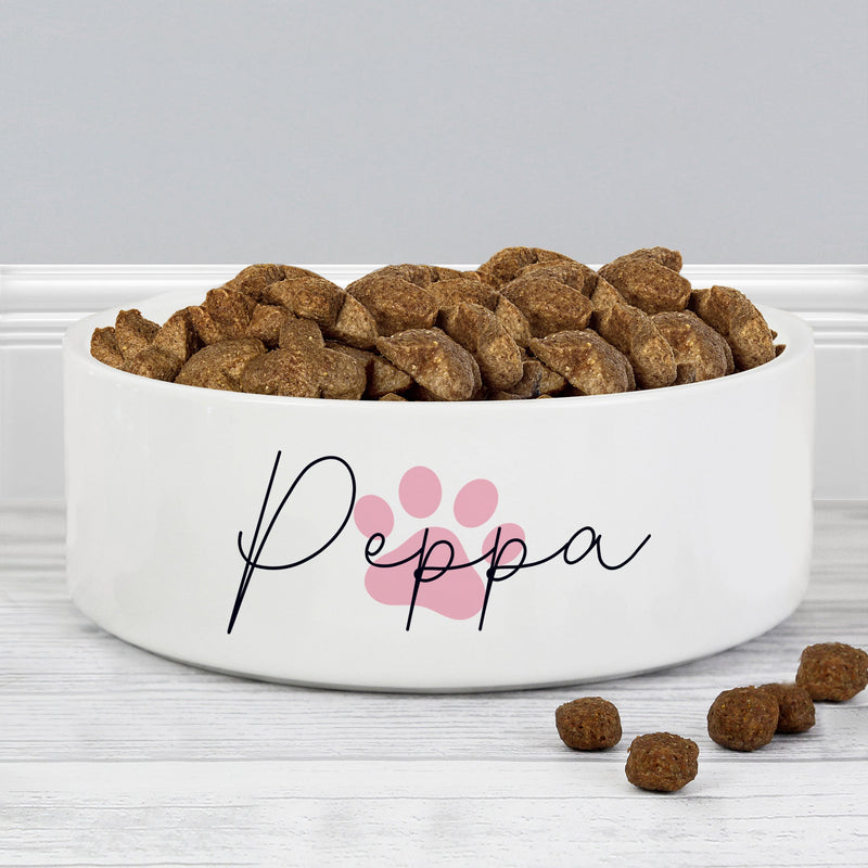 Personalised Pink Pawprint Name 14cm Medium Pet Bowl